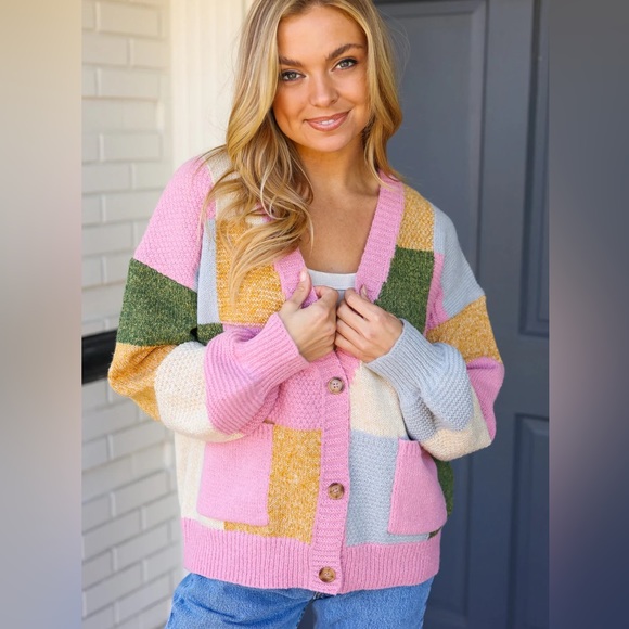 Checkered Patchwork Multi-Colored Knit Cardigan, Relaxed Fit, S & M - Picture 2 of 7